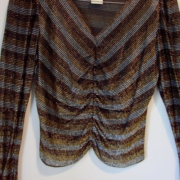 Vintage Metallic Top Shiny Sparkle Disco V-neck Ruched Top Holiday Party Medium - Picture 9 of 11